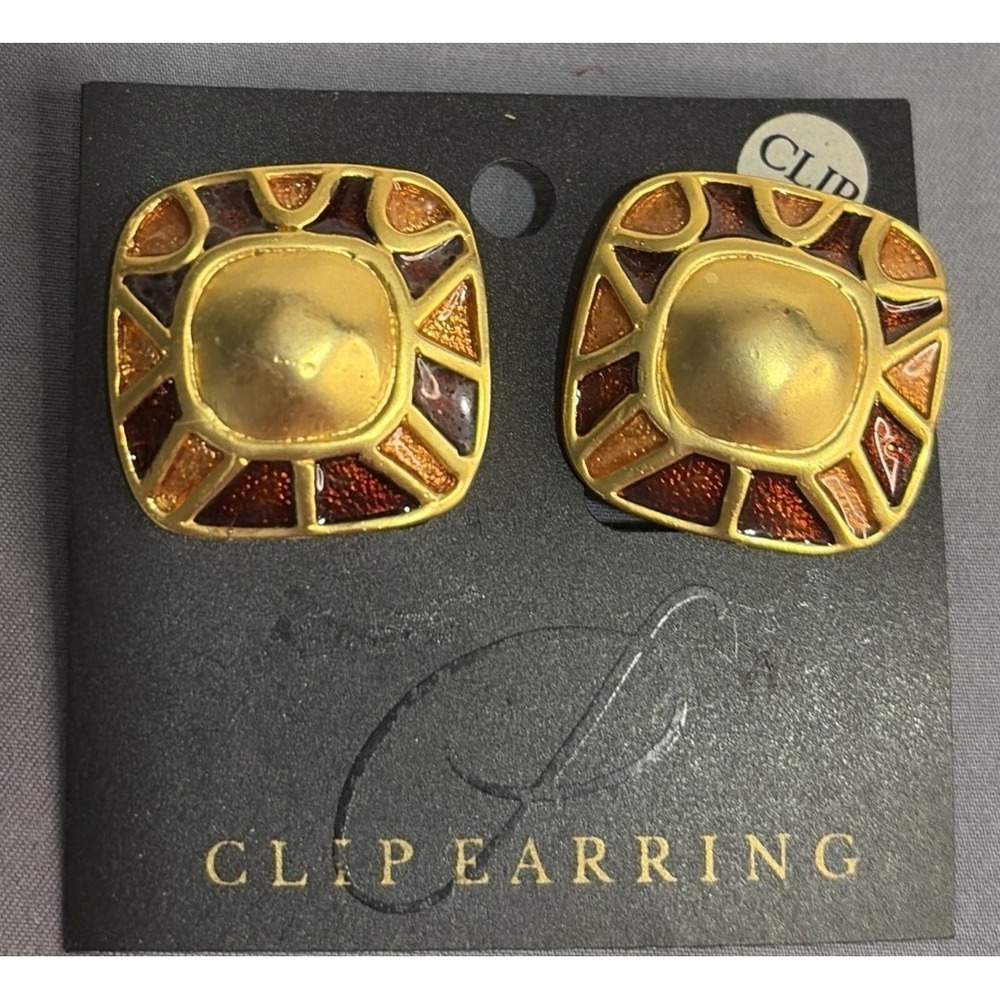 VTG 80s Retro Square Enamel Clip Ons on Original Pier One Presentation Card NOS